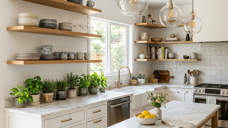 Bright modern kitchen with open shelving and indoor plants